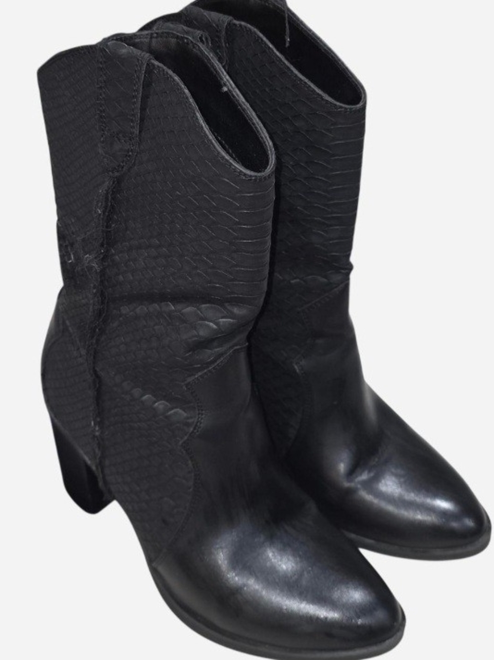 MIA Black Textured Mid-Calf Heeled Western Boots